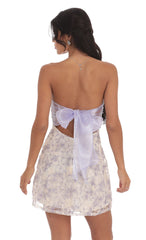 Floral Sequin Strapless Fit and Flare Dress in White