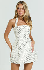 Dante Mini Dress - Halter Neck Tie Tulip Skirt Dress in White Polkadot