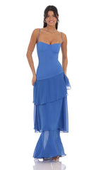 Long Ruffle Maxi Dress in Blue