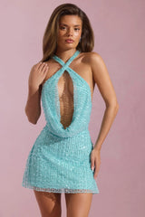Embellished Cowl-Neck Backless Mini Dress in Aqua Blue