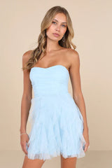 Delightful Beauty Light Blue Mesh Strapless Ruffled Mini Dress