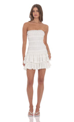 Strapless Lace Ruffle Dress in White
