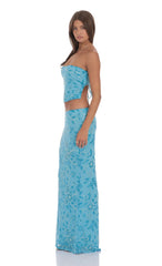 Sequin Beaded Floral Maxi Skirt in Aqua Blue