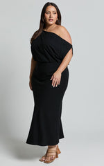 Jacqueline Midi Dress - Linen One Shoulder Dress in Black