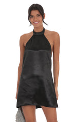 Satin Halter Shift Dress in Black