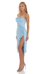 Satin Strapless Midi Dress in Blue