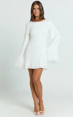 Rowella Mini Dress - Faux Feather Bell Sleeve Dress in White