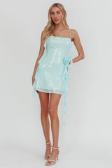 Standing Out Ruffle Rosette Trim Sequin Mini Dress Mint