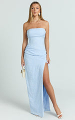 Berri Maxi Dress - Strapless Jacquard High Split Dress in Blue
