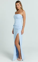 Berri Maxi Dress - Strapless Jacquard High Split Dress in Blue