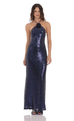 Sequin Florette Halter Maxi Dress in Navy