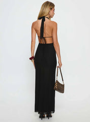 Stroke of Fate Plunge Halter Maxi Dress Black