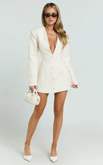 Ninette Mini Dress - V Neck Tulip Hem Blazer Dress in Cream