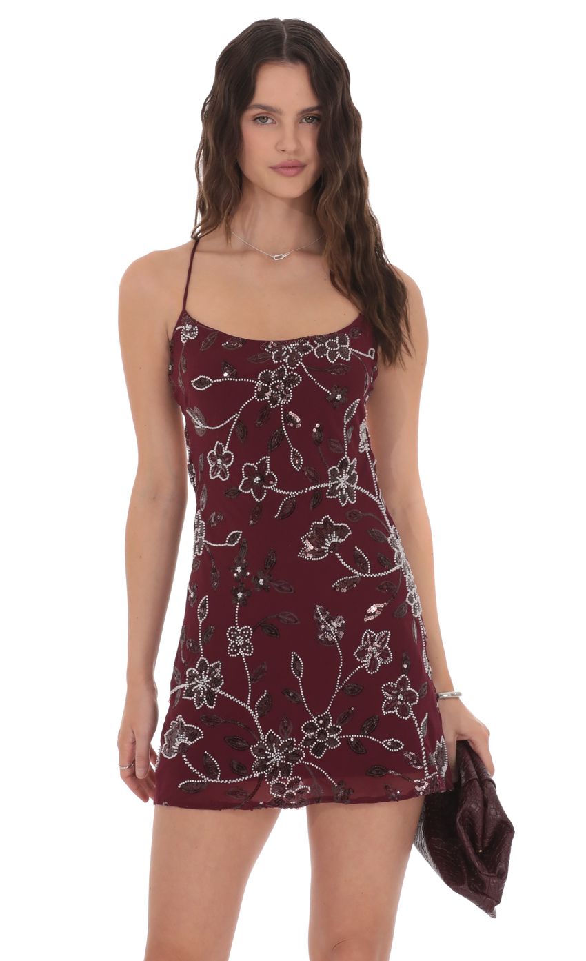 Floral Beaded Sequin Open Back Dress in Burgundy