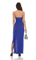 Strapless Mesh Ruffle Slit Dress in Royal Blue