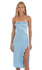 Satin Strapless Midi Dress in Blue