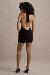 Serenella | Black Plunge-Neck Draped Mini Dress