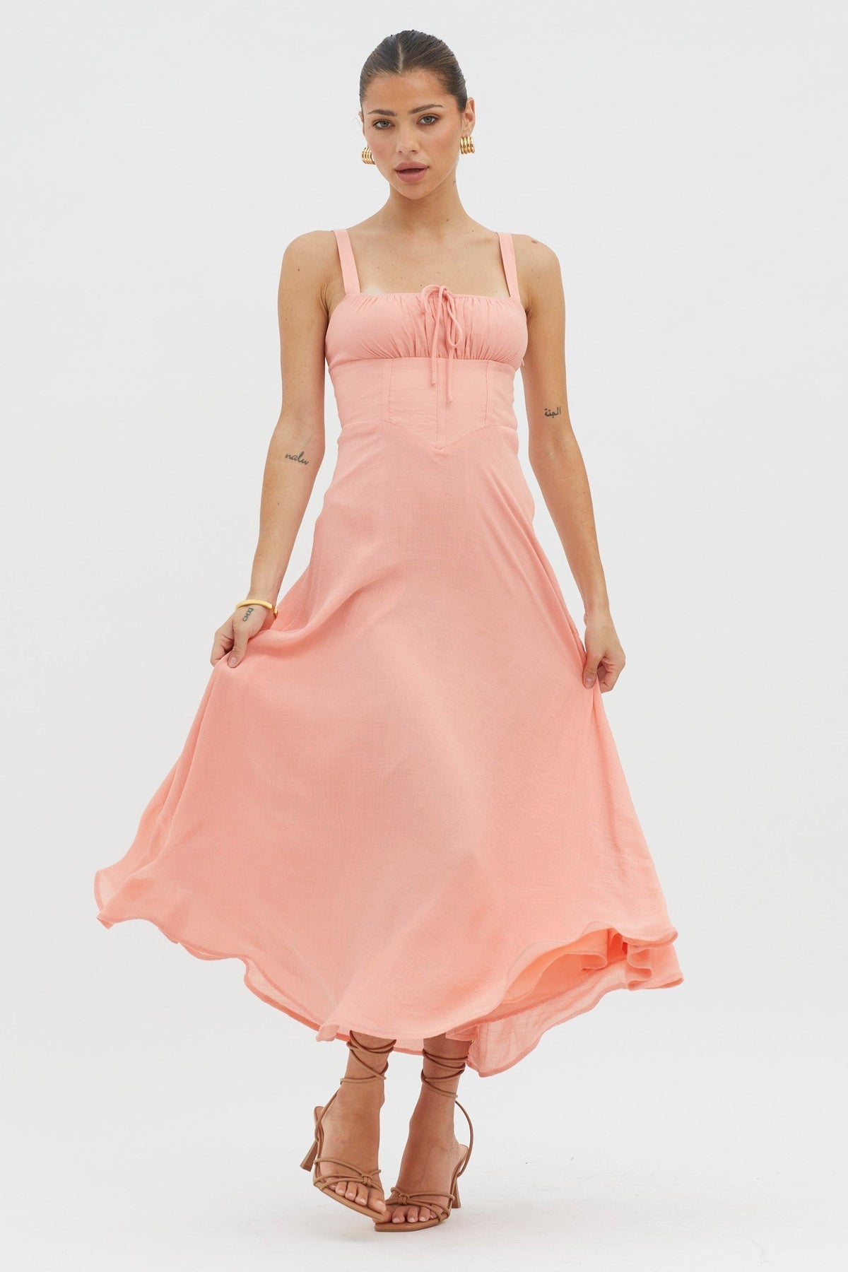 Sweet Pea Tied Bust A-Line Midi Dress Peach