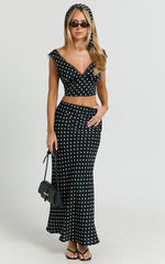 Amari Maxi Skirt - High Waisted Bias Cut Skirt in Black Polka Dot