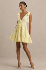 Corrina | Lemon Broderie Plunge-Neck Mini Dress