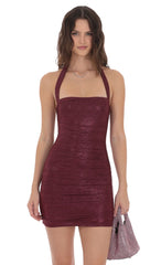 Ruched Foil Mesh Bodycon Dress in Burgundy