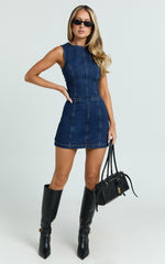 Olenna Mini Dress - High Neck Fitted Denim Dress in Indigo Wash