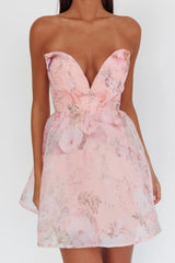 Gem Deep Sweetheart Neckline Mini Dress Floral Pink