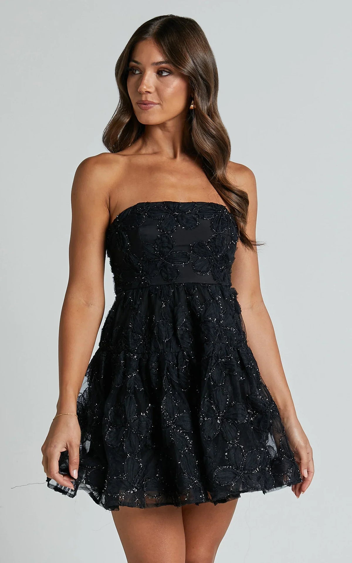 Marzy Mini Dress Strapless Floral Detail Lace Fit and Flare Dress in Black