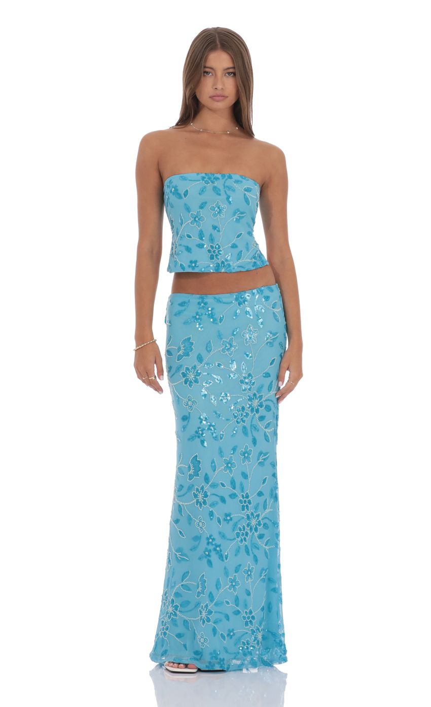 Sequin Beaded Floral Maxi Skirt in Aqua Blue