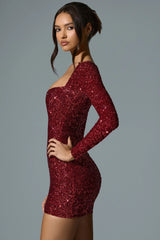 Sephina  Embellished Sweetheart-Neck Mini Dress in Red